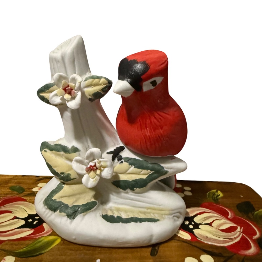 Vintage Cardinal Bird Figurine Tree Branch White Flowers Ceramic Christmas decor